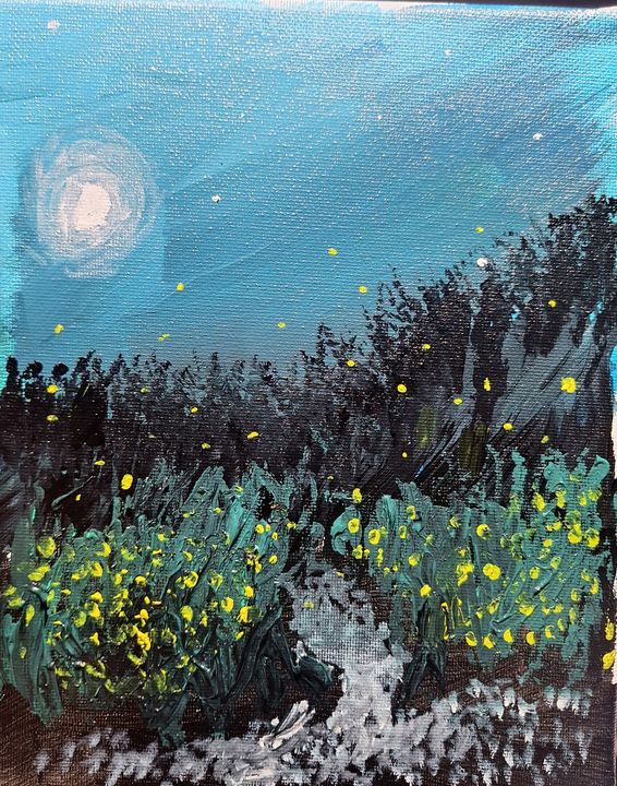 Painting of a park just after sunset, with a pale moon over dark trees and tall grass