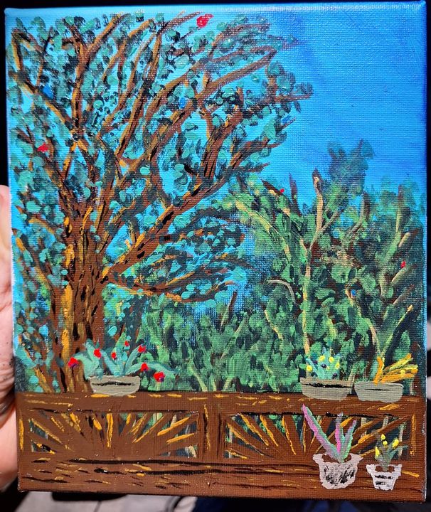 Painting of a big walnut tree seen from a back porch, with tomato plants on the railing
