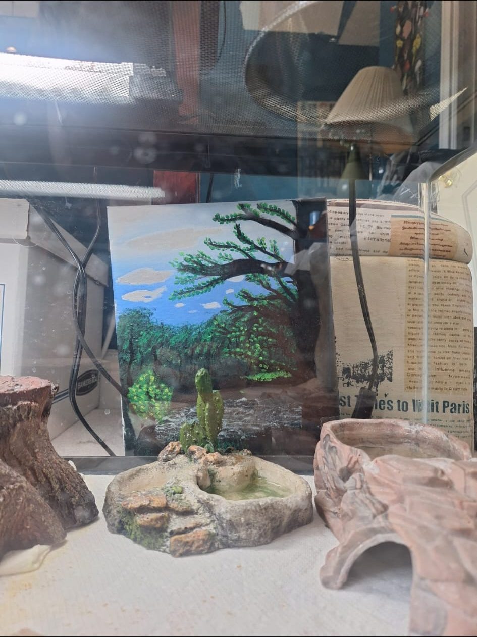 One of the paintings standing behind the glass of Eggy's tank